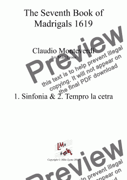 page one of Brass Quintet - Monteverdi Madrigals Book 7 - 01 Sinfonia and 02 Tempro la cetra a5