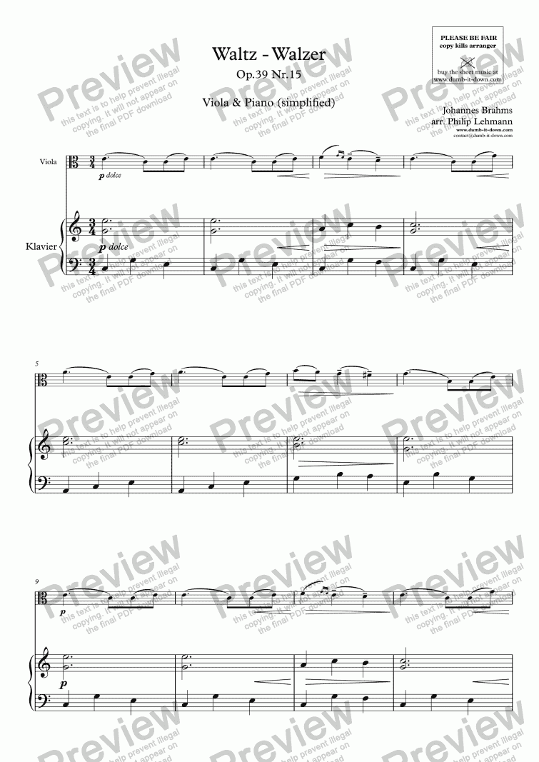 page one of Brahms, J. - Waltz Op.39 Nr.15 - for Viola (orig.) & Piano (simplified)