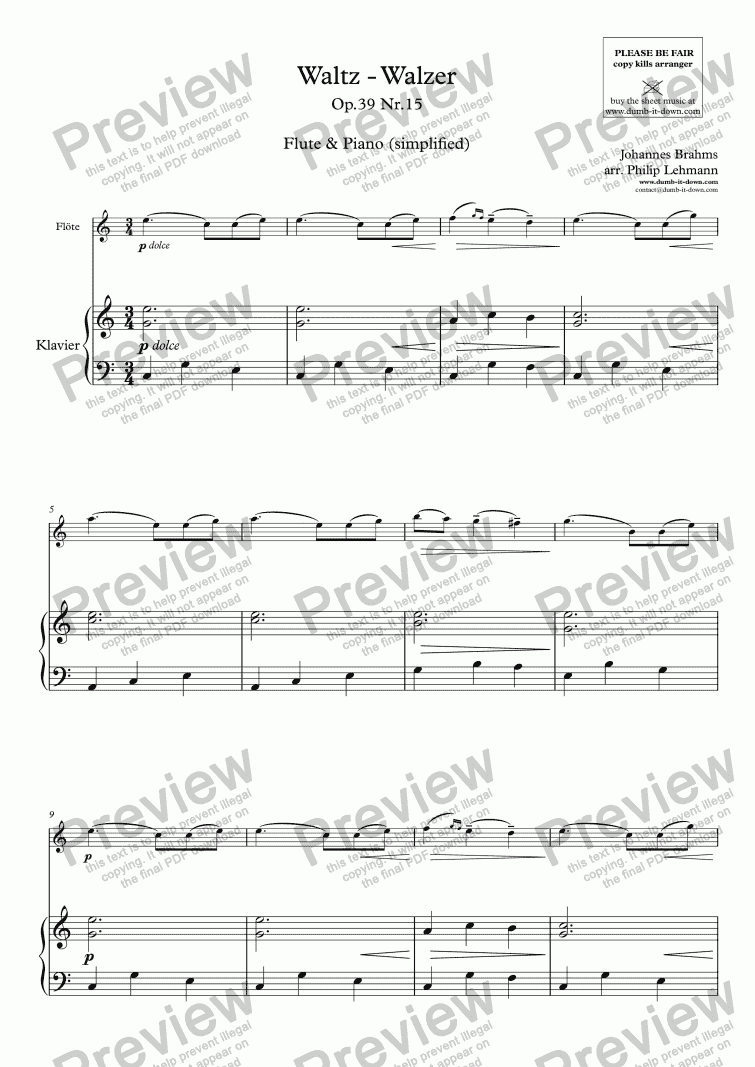 page one of Brahms, J. - Waltz Op.39 Nr.15 - for Flute (orig.) & Piano (simplified)