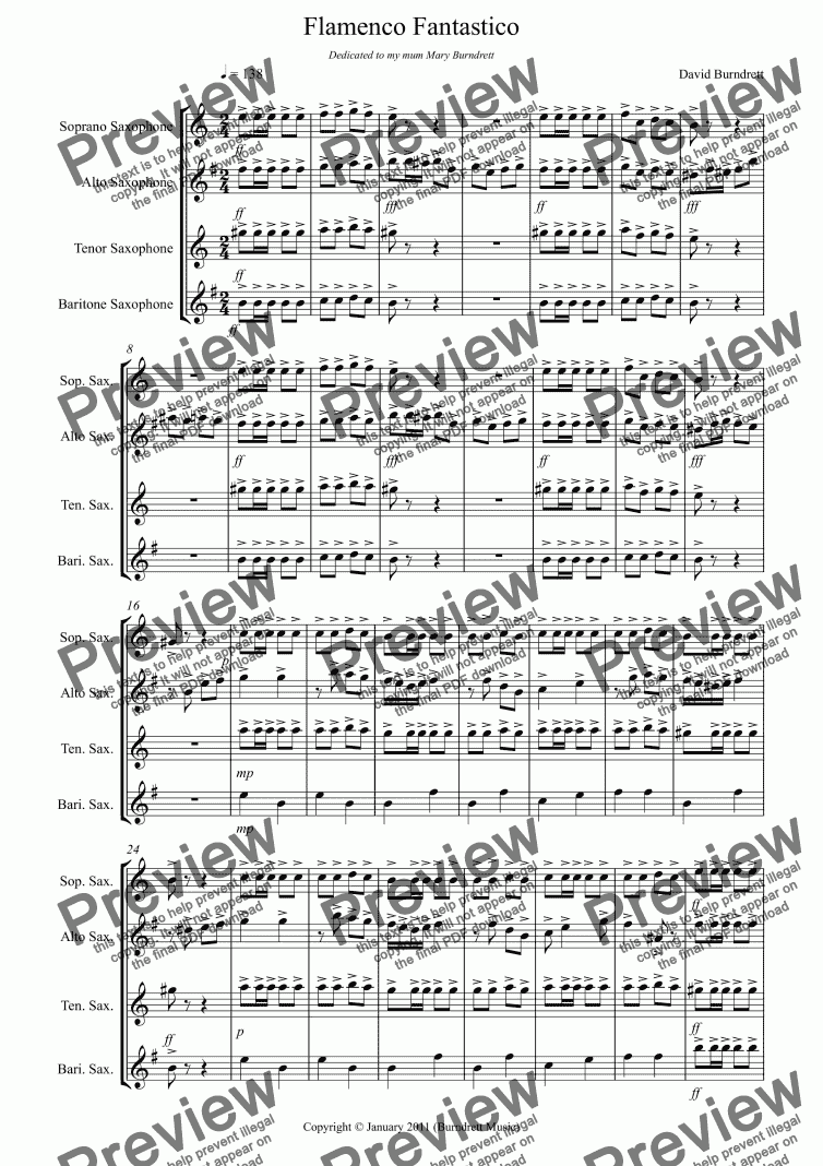 page one of Flamenco Fantastico for Saxophone Quartet