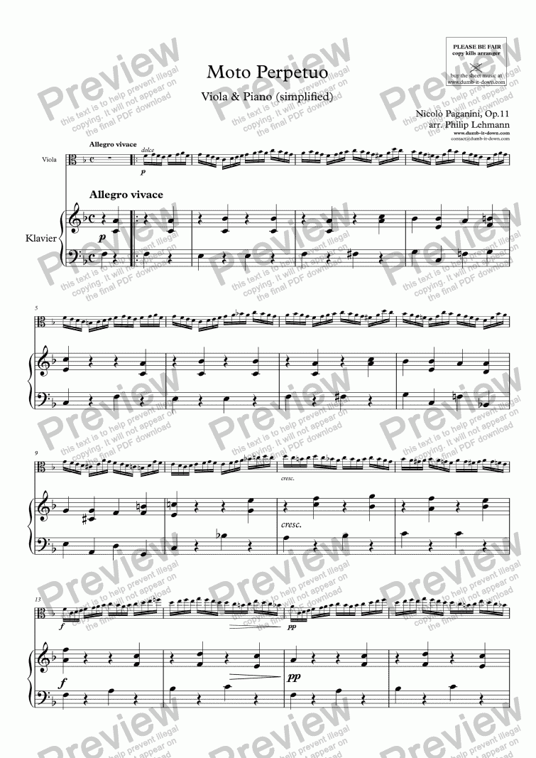 page one of Paganini, N. - Moto Perpetuo, Op.11 - for Viola (orig.) & Piano (simplified)