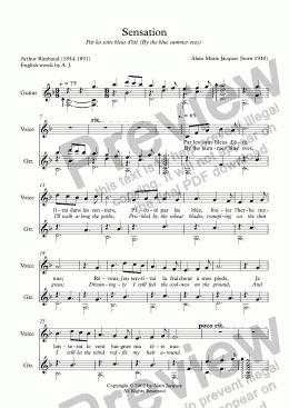 page one of Sensation (Alain Jacques / Rimbaud) - voice & guitar