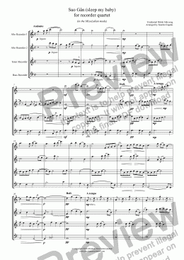 page one of Suo Gân (sleep my baby) for recorder quartet