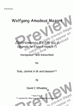 page one of Mozart - Divertimento K439b no 4 for flute clar and bsn transcribed by David Wheatley