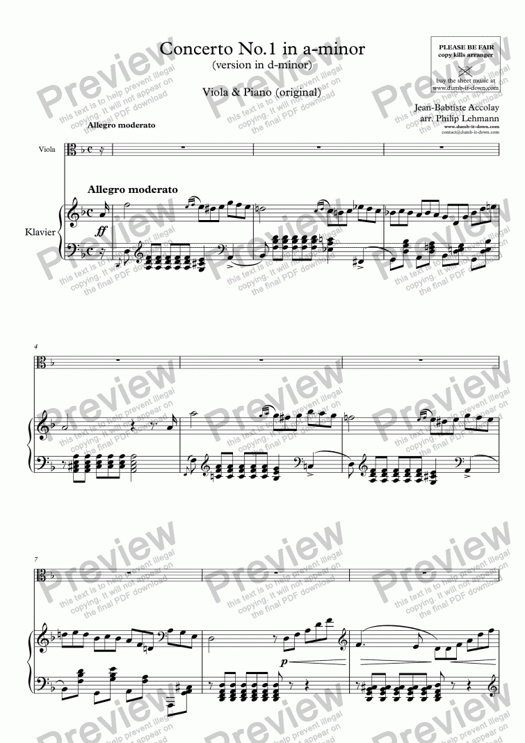 page one of Accolay, J.B. - Violin Concerto No.1 (version in d-minor) - for Viola (orig.) & Piano (orig.)