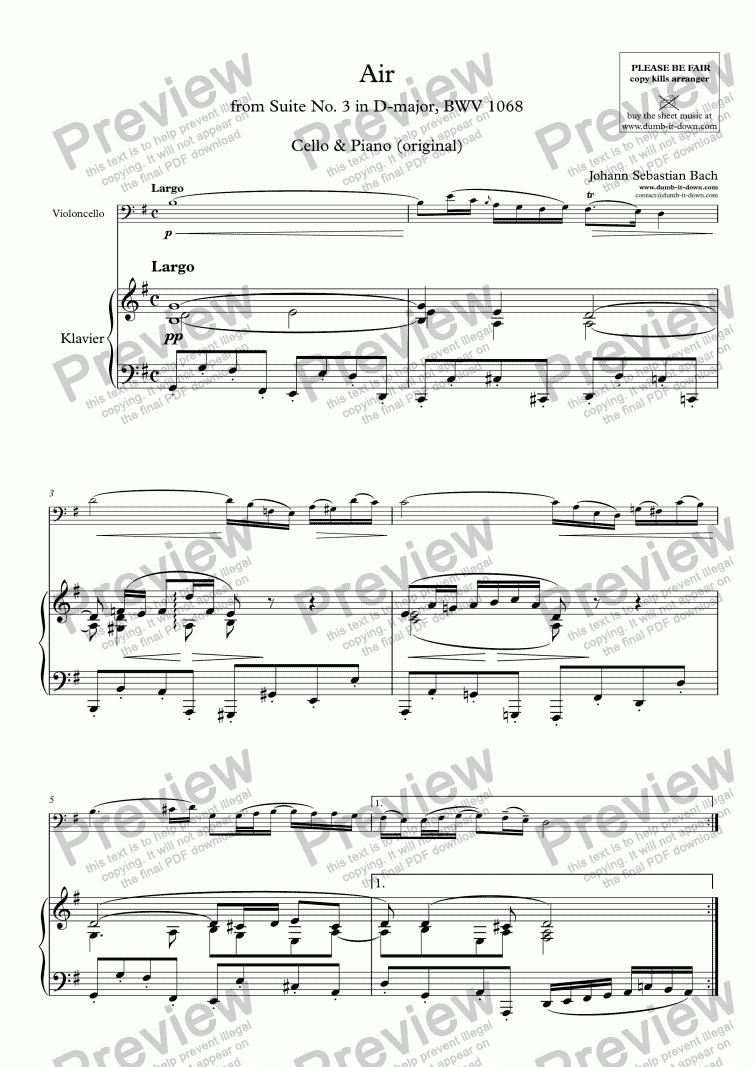 page one of Bach, J.S. - Air (from Suite No. 3 in D), BWV 1068, version in G-major - for Cello & Piano (orig.)