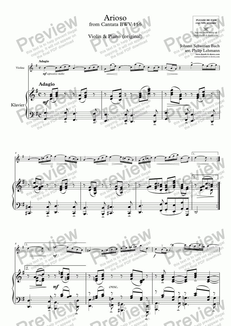 page one of Bach, J.S. - Arioso from Cantata BWV 156 - for Violin & Piano (orig.)