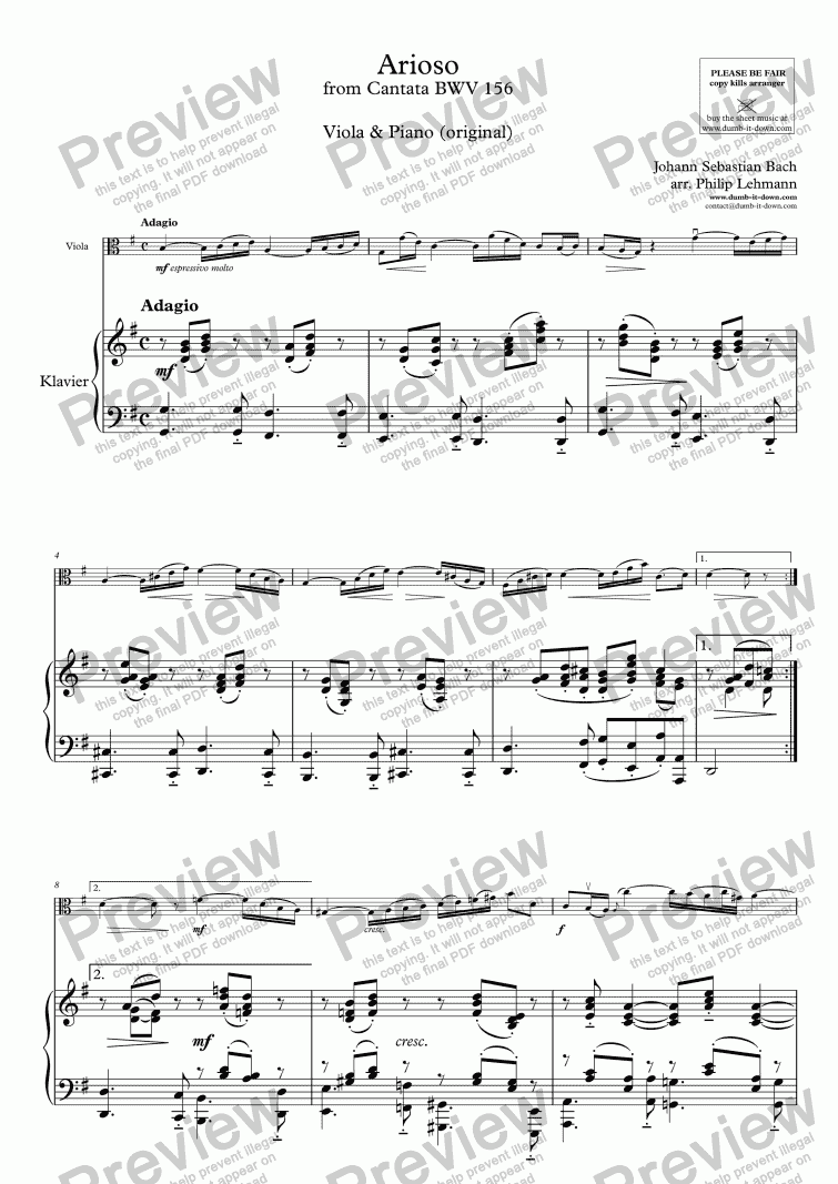 page one of Bach, J.S. - Arioso from Cantata BWV 156 - for Viola & Piano (orig.)