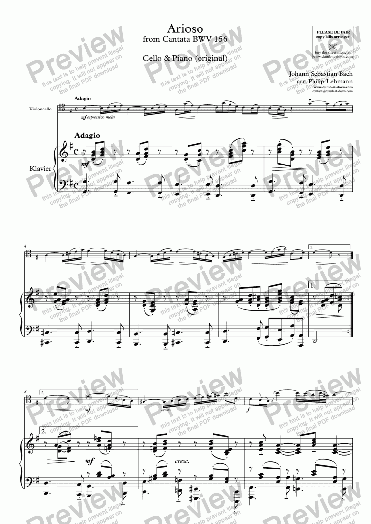 page one of Bach, J.S. - Arioso from Cantata BWV 156 - for Cello & Piano (orig.)