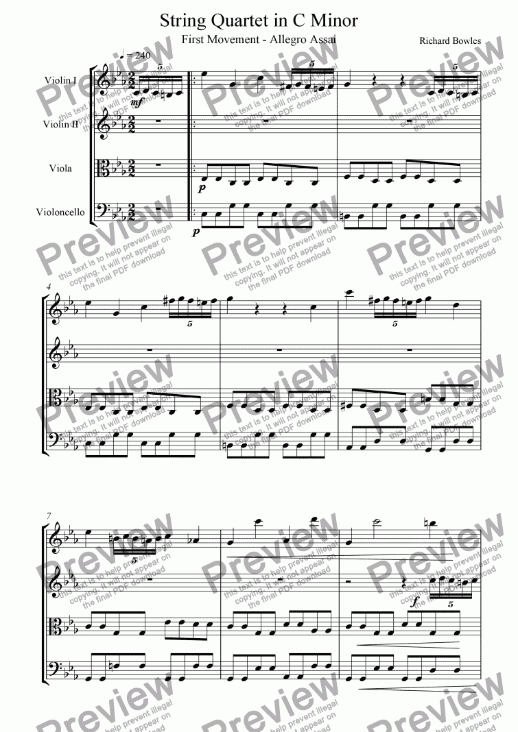 page one of String Quartet in C Minor, First Movement ("The Relentless")
