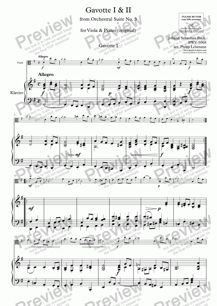 page one of Bach, J.S. - Gavotte I & II from Orch. Suite No.3, BWV 1068 - for Viola & Piano (orig.)