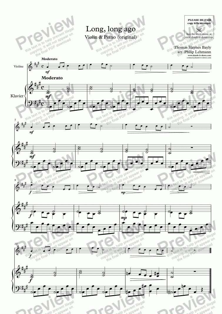 page one of Bayly, T.H.- Long, long ago - for Violin & Piano (orig.)