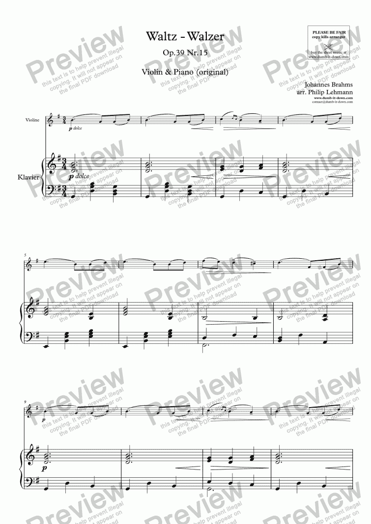 page one of Brahms, J. - Waltz Op.39 Nr.15 - for Violin & Piano (orig.)