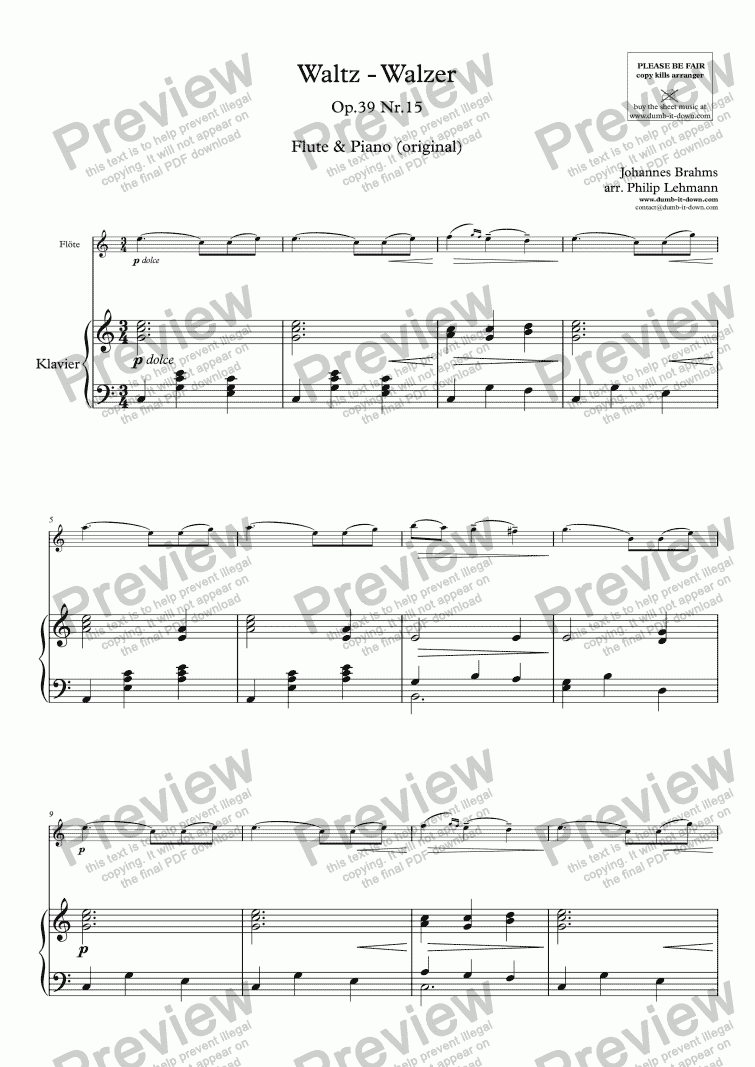 page one of Brahms, J. - Waltz Op.39 Nr.15 - for Flute & Piano (orig.)