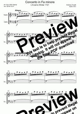 page one of Vivaldi - Four Seasons - Winter - L'Inverno - L'Hiver 3rd mt 四季 (ヴィヴァルディ) 協奏曲第4番ヘ短調 RV 297「冬」 - Allegro - Concerto in Fa minore - PDF - Duo duet 二重唱 violin cello
