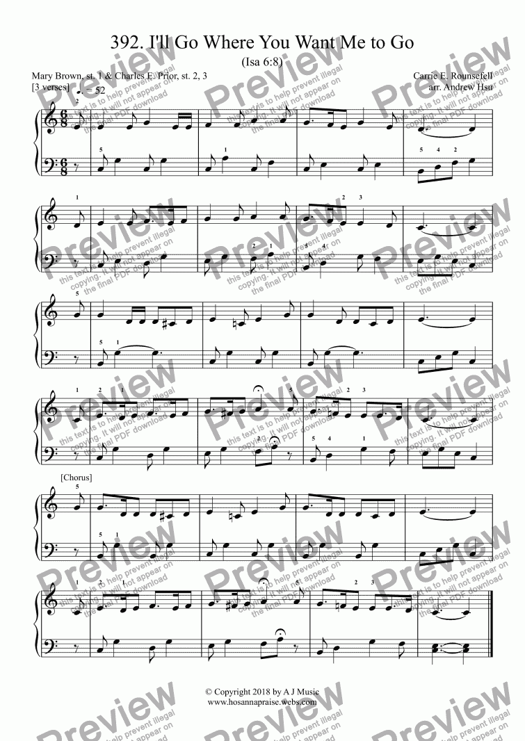 page one of I'll Go Where You Want Me to Go - Really Easy Piano 392