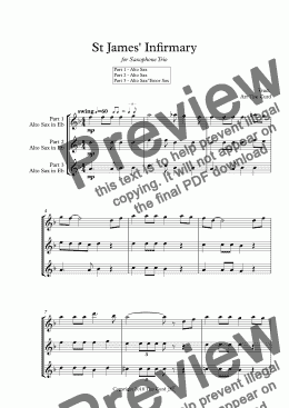 page one of St James' Infirmary. Saxophone Trio. Alto, Alto, Alto/Tenor
