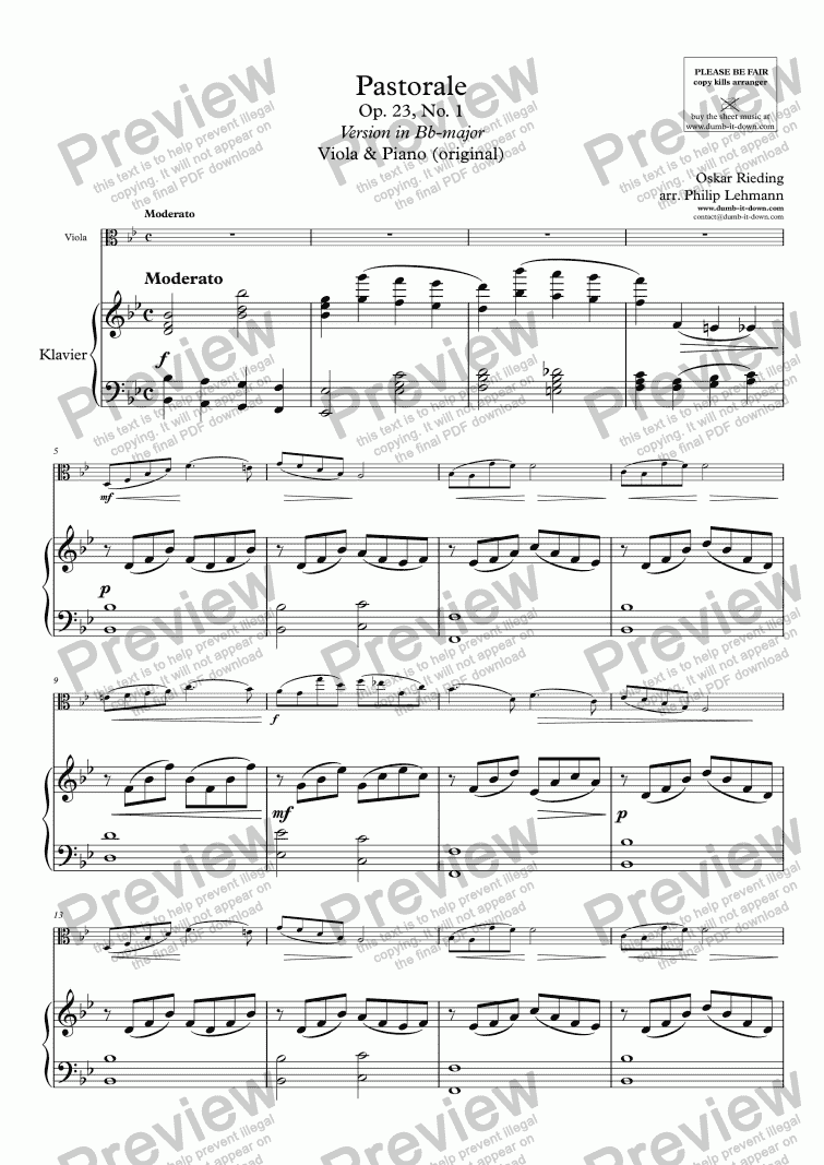 page one of Rieding, O. - Op.23 No.1, Pastorale - for Viola & Piano (orig.)