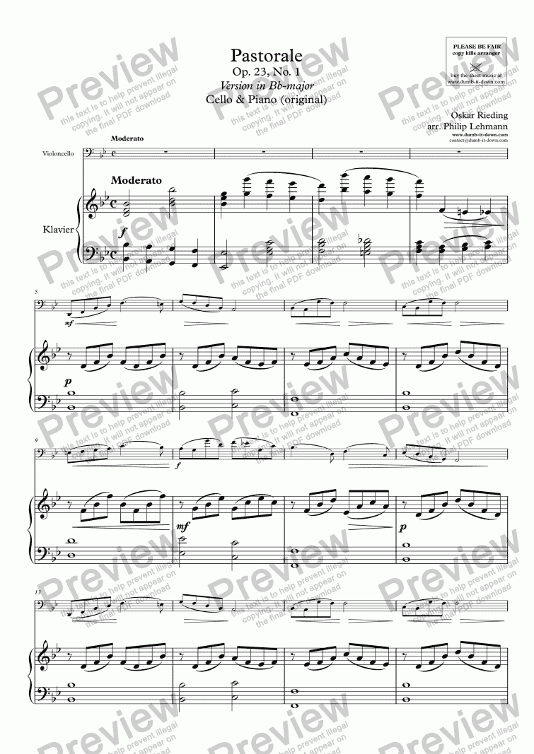 page one of Rieding, O. - Op.23 No.1, Pastorale - for Cello & Piano (orig.)