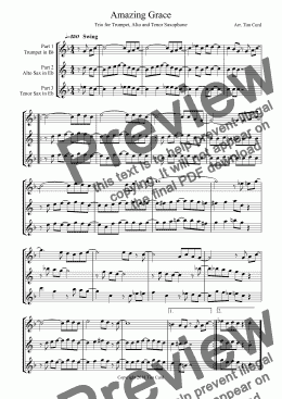 page one of Amazing Grace.  Trio for Trumpet, Alto and Tenor Saxophone