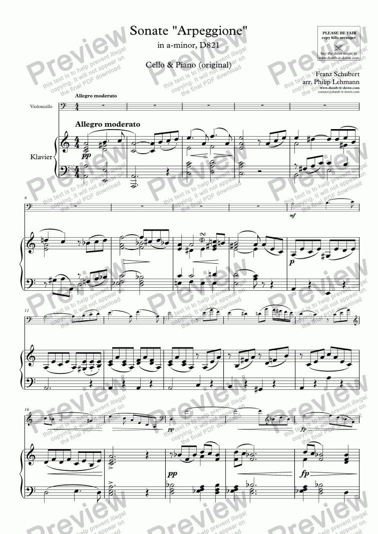 page one of Schubert, F. - Sonate "Arpeggione" in a-minor, D821 - for Cello & Piano (orig.)