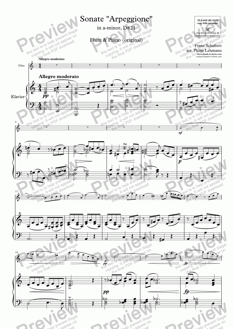 page one of Schubert, F. - Sonate "Arpeggione" in a-minor, D821 - for Flute & Piano (orig.)