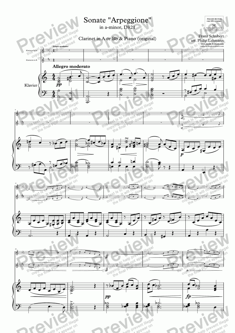 page one of Schubert, F. - Sonate "Arpeggione" in a-minor, D821 - for Clarinet in A or Bb & Piano (orig.)