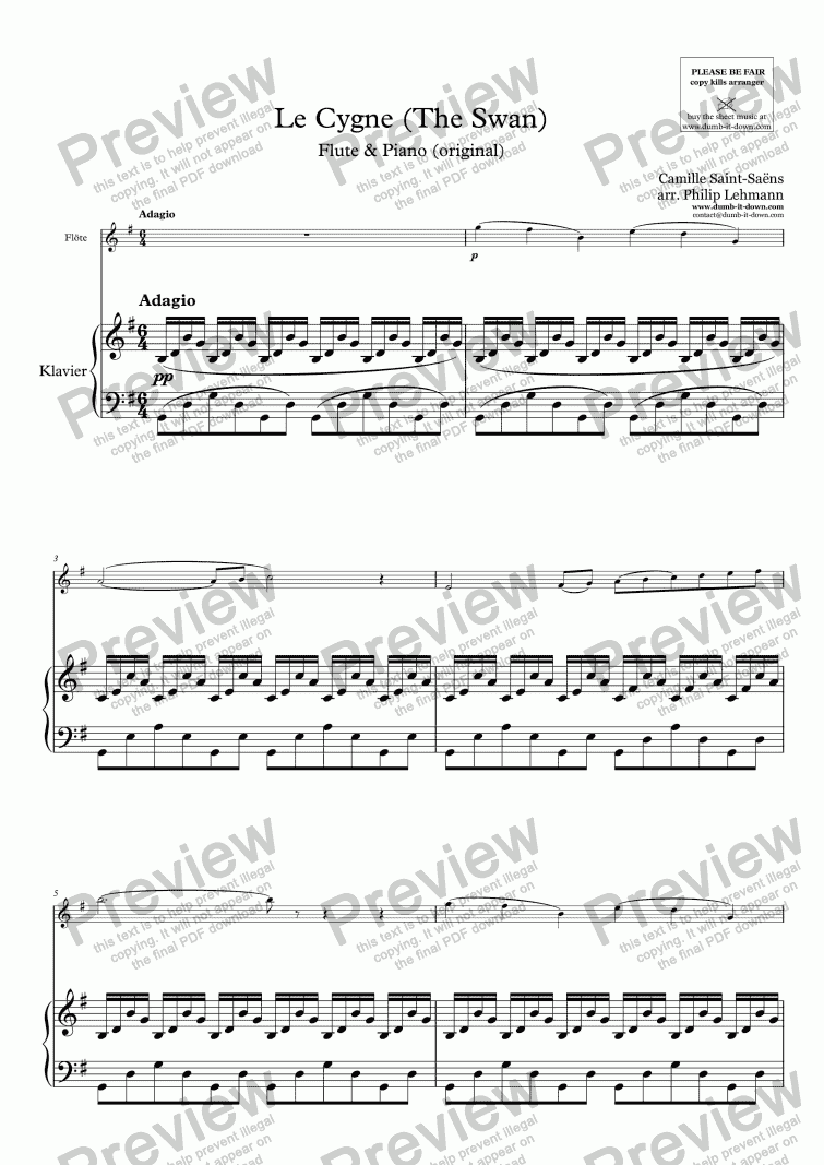 page one of Saint-Saens, C. - Le Cygne (The Swan) - for Flute & Piano (orig.)