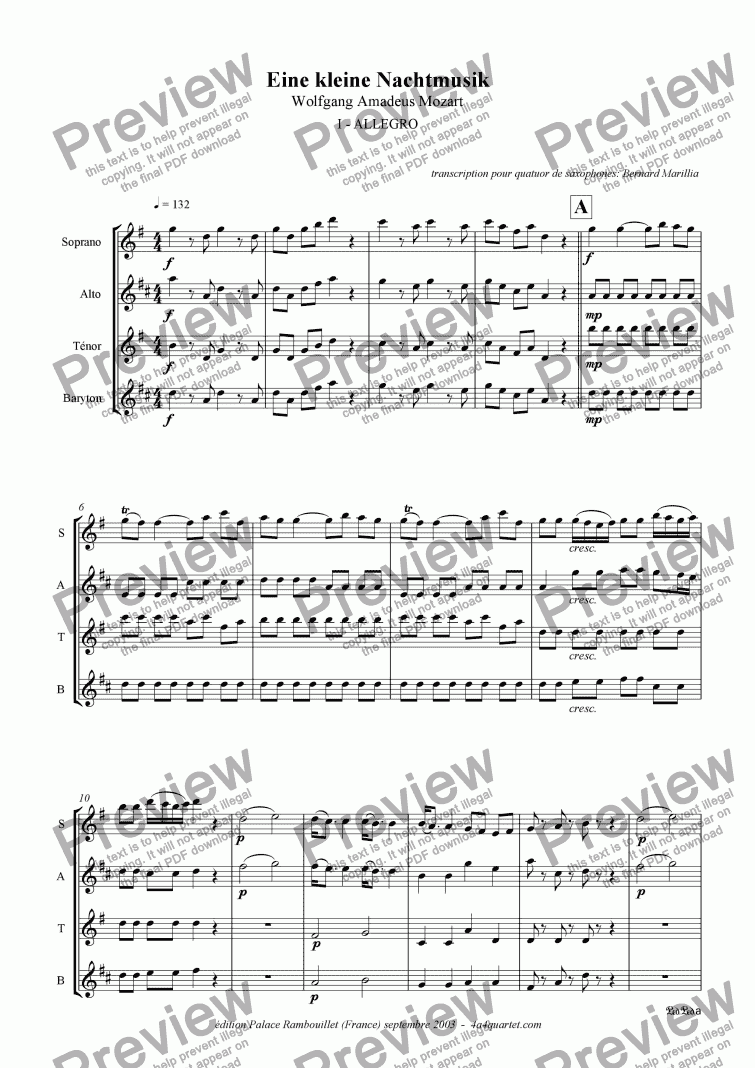 page one of Mozart - Eine kleine Nachtmusik - 1st Mvt (Sax Quartet)