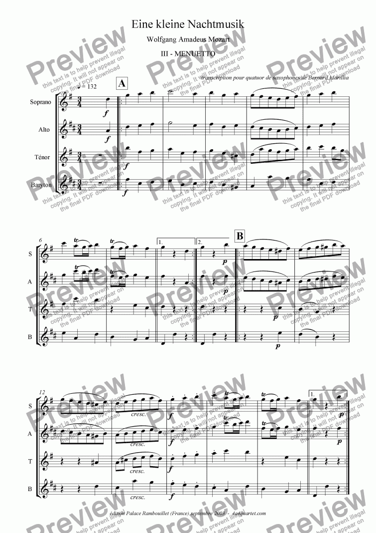 page one of Mozart - Eine kleine Nachtmusik - 3rd Mvt (Sax Quartet)