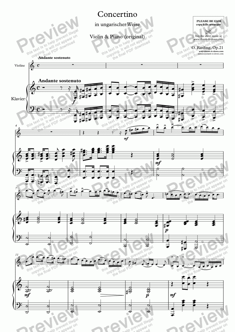 page one of Rieding, O. - Op.21, Concertino in a "Hungarian" - for Violin & Piano (orig.)