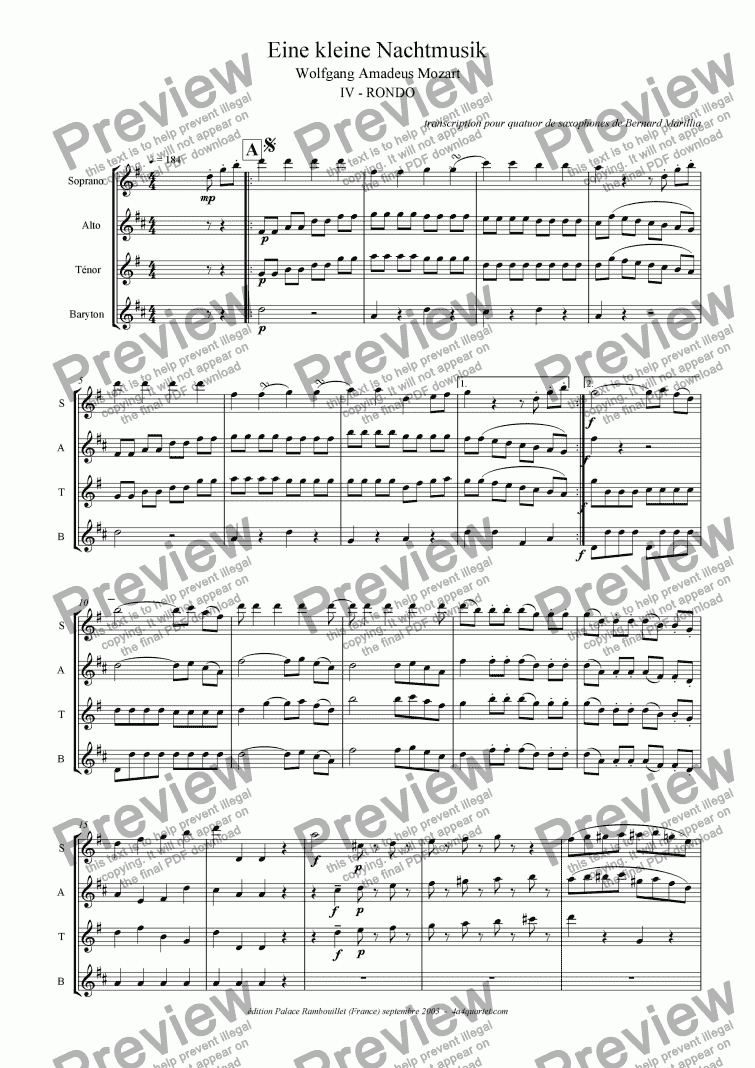 page one of Mozart - Eine kleine Nachtmusik - 4th Mvt (Sax Quartet)