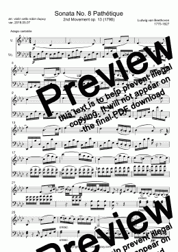 page one of Beethoven - Piano Sonata No. 8 Sonata Pathétique Opus 13 2nd movement adagio cantabile - Sonate pour piano nº 8 - ピアノソナタ第8番 『大ソナタ悲愴』ベートーヴェン - 피아노 소나타 8번 (베토벤) - Соната для фортепиано № 8 (Бетховен)  - PDF - Duo duet 二重唱 violin cello