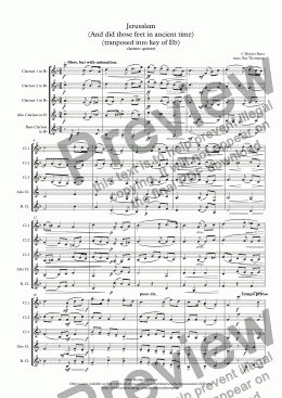 page one of Parry: Jerusalem (And did those feet in ancient time) (tranposed into key of Eb) - clarinet quintet