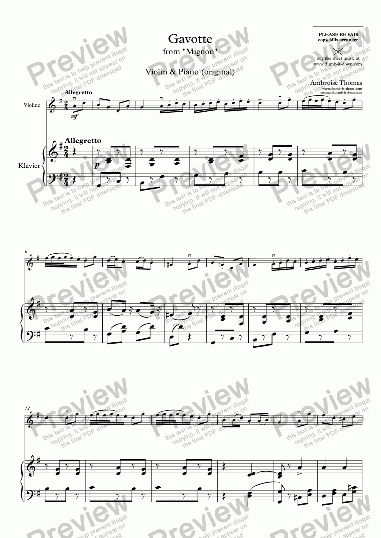 page one of Thomas, A. - Gavotte from Mignon - for Violin & Piano (orig.)