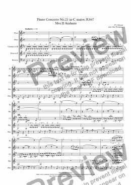 page one of Mozart: Piano Concerto No.21 in C major( k/a The Elvira Madigan concerto) K467 Mvt.II Andante - wind quintet
