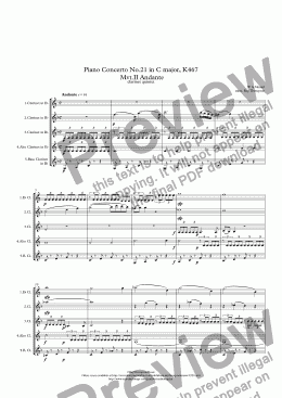 page one of Mozart: Piano Concerto No.21 in C major (Elvira Madigan Concerto) K467  Mvt.II Andante - clarinet quintet/ensemble