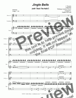 page one of Jingle Bells (with "Deck The Halls") (for Brass Quartet and Piano)