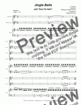 page one of Jingle Bells (with "Deck The Halls") (for Saxophone Quartet and Piano)