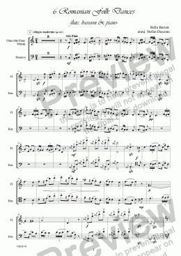 page one of Bella Bartok - romanian folk dances, flute, bassoon and piano