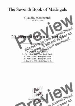 page one of Brass Sextet - Monteverdi Madrigals Book 7 - 20. Eccomi pronta ai baci à6