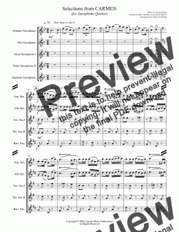 page one of Bizet - Selections from CARMEN (for Saxophone Quintet SATTB)