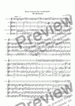 page one of Mozart: Horn Concerto No.3 in Eb K447  Mvt.III Rondo wind quintet (horn feature)