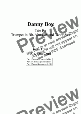 page one of Danny Boy. Trio for Trumpet in Bb, Alto Sax Ten Sax.
