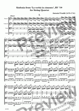 page one of Sinfonia from ‘La verità in cimento’, RV 739 for String Quartet