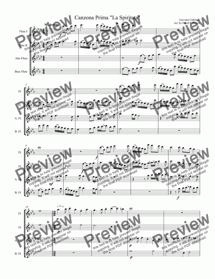 page one of Canzona Prima "La Spiritata" for Flute Quartet