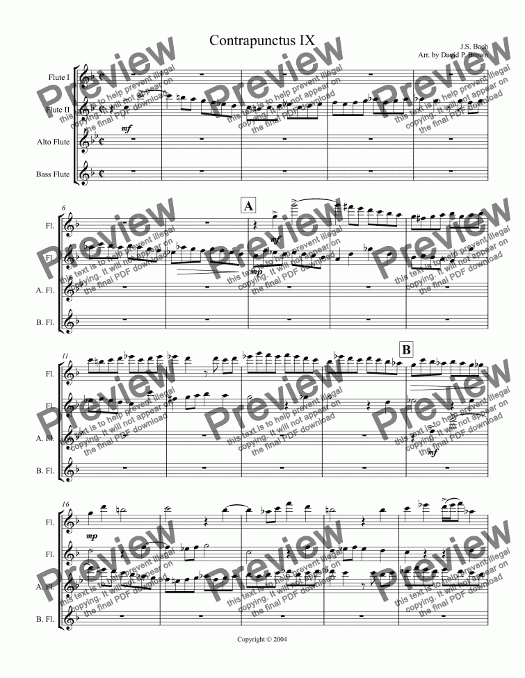 page one of Contrapunctus IX for Flute Quartet