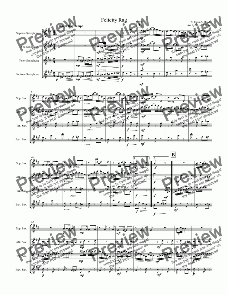page one of Felicity Rag for Saxophone Quartet