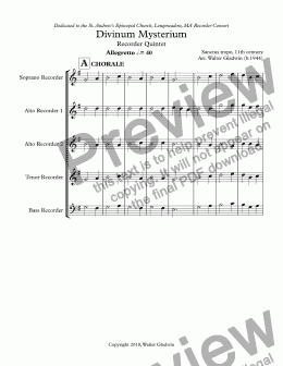 page one of Divinum Mysterium - Recorder Quintet (SAATB)