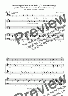 page one of Kinderchor: Wir bringen Brot und Wein (Gabenbereitung) "Mkate na divai". For Children's choir, piano/guitar & 2 recorders.